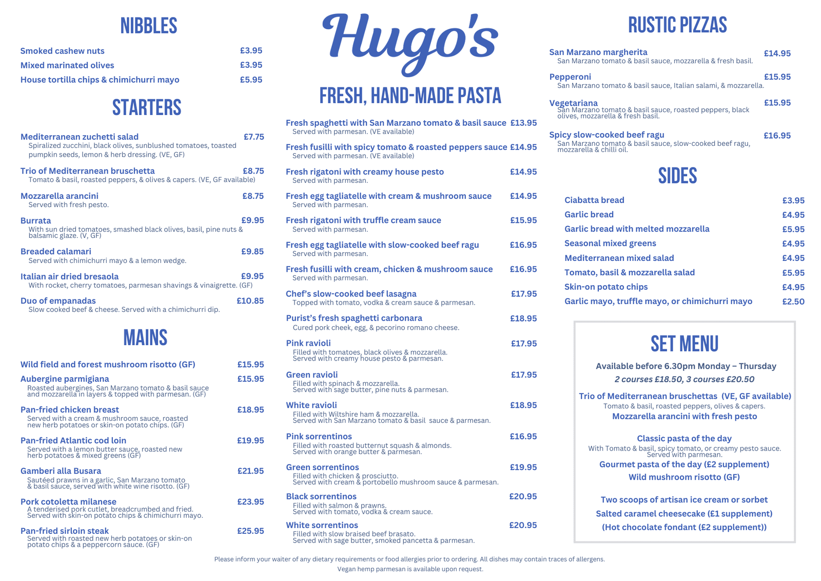 Hugo's restaurant Newbury new menu April 2025