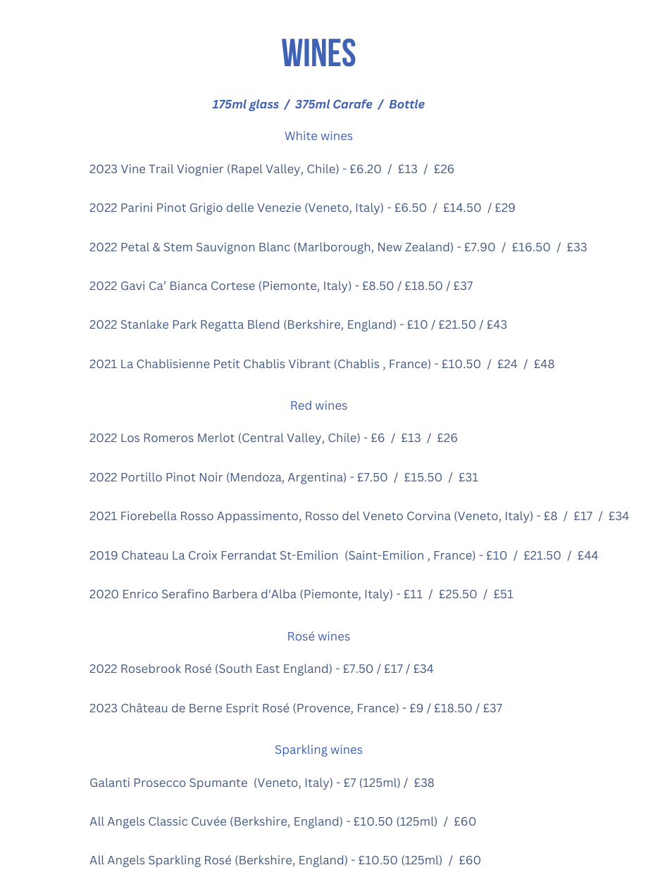 Hugo's Gourmet Pasta restaurant Newbury wine list May 2025